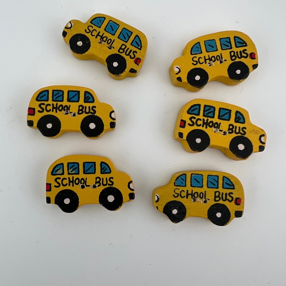 6 Vintage Wooden School Bus Buttons Yellow 1 1/8" Two Hole Sewing Crafts